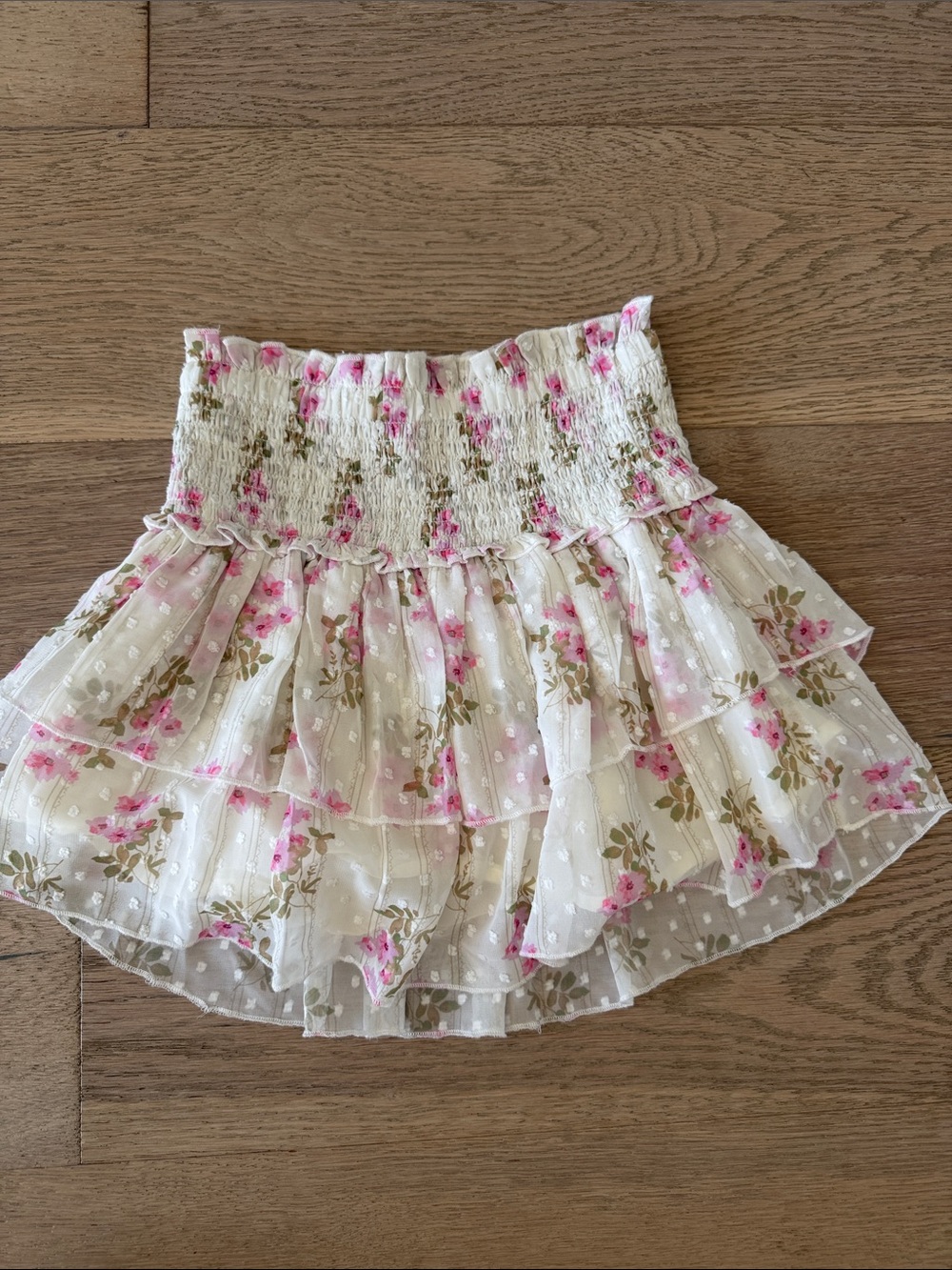 Katie J NYC Cream Floral Smocked Tiered Skirt - Pink & Green